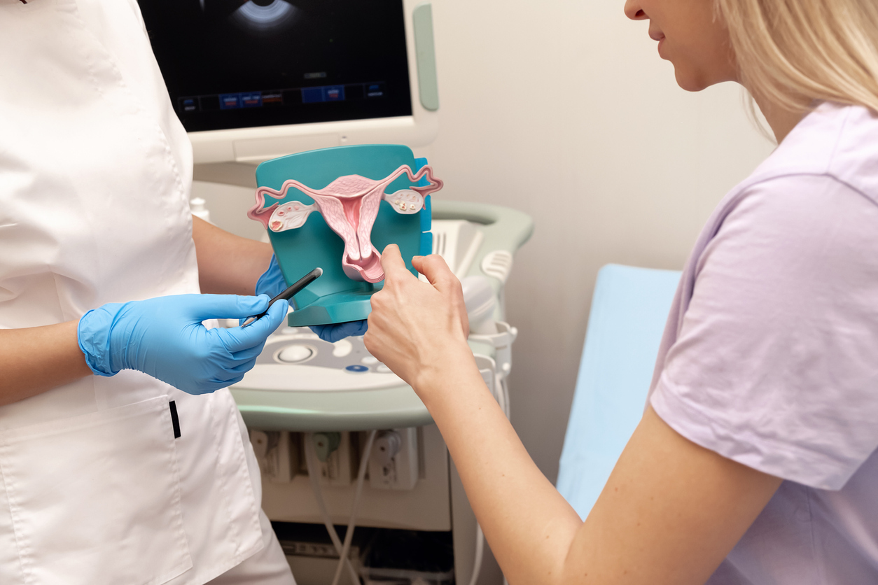 Provider showing anatomical model of uterus to seated patient during exam