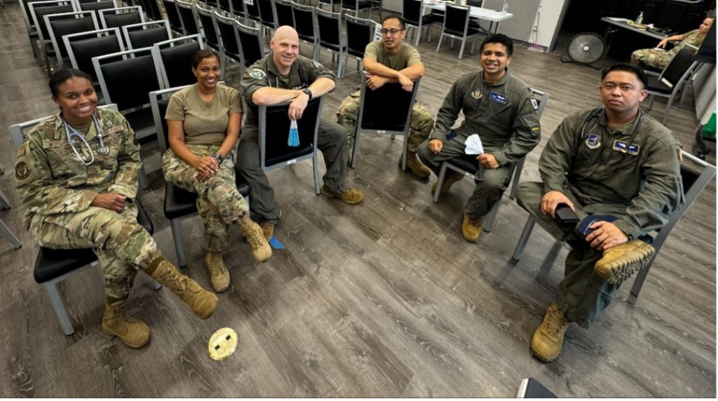 Dr. Kumar, second from right, and colleagues following a briefing for their Innovative Readiness Training duties on Guam this August.