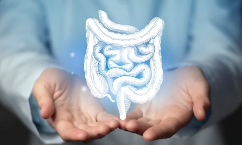 Hologram illustration of colon hovering above hands of surgeon
